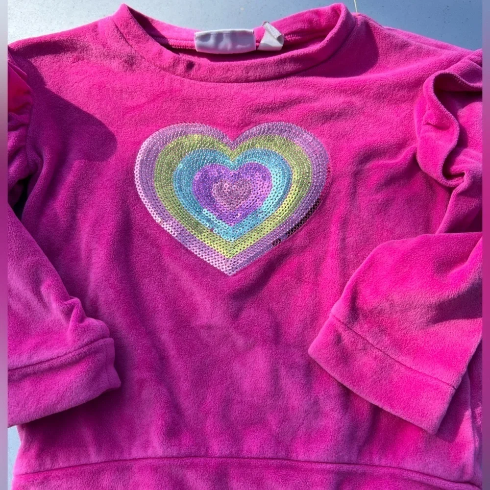 The Children’s Place Pink Rainbow Sequin Heart Velour Ruffle Kids Long Sleev Top